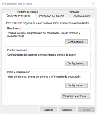 Ventana de configuración avanzada del sistema.