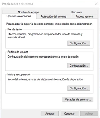 Ventana de configuración avanzada del sistema.